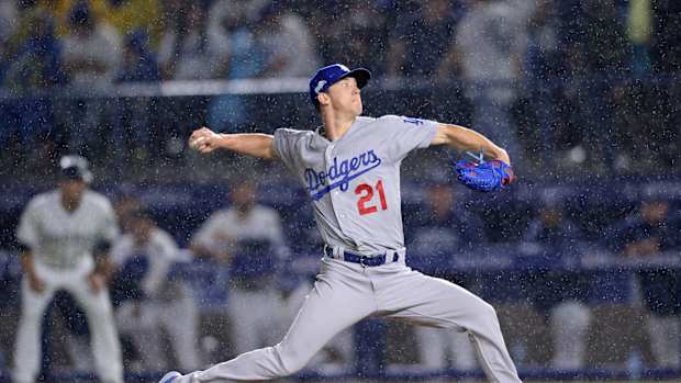May 4, 2018; Monterrey, Nuevo Leon, Mexico; Los Angeles Dodgers starting pitcher Walker Buehler (21) throws a pitch to a San Diego Padres batter during the first inning at Estadio de Beisbol Monterrey. Mandatory Credit: Orlando Ramirez-USA TODAY Sports